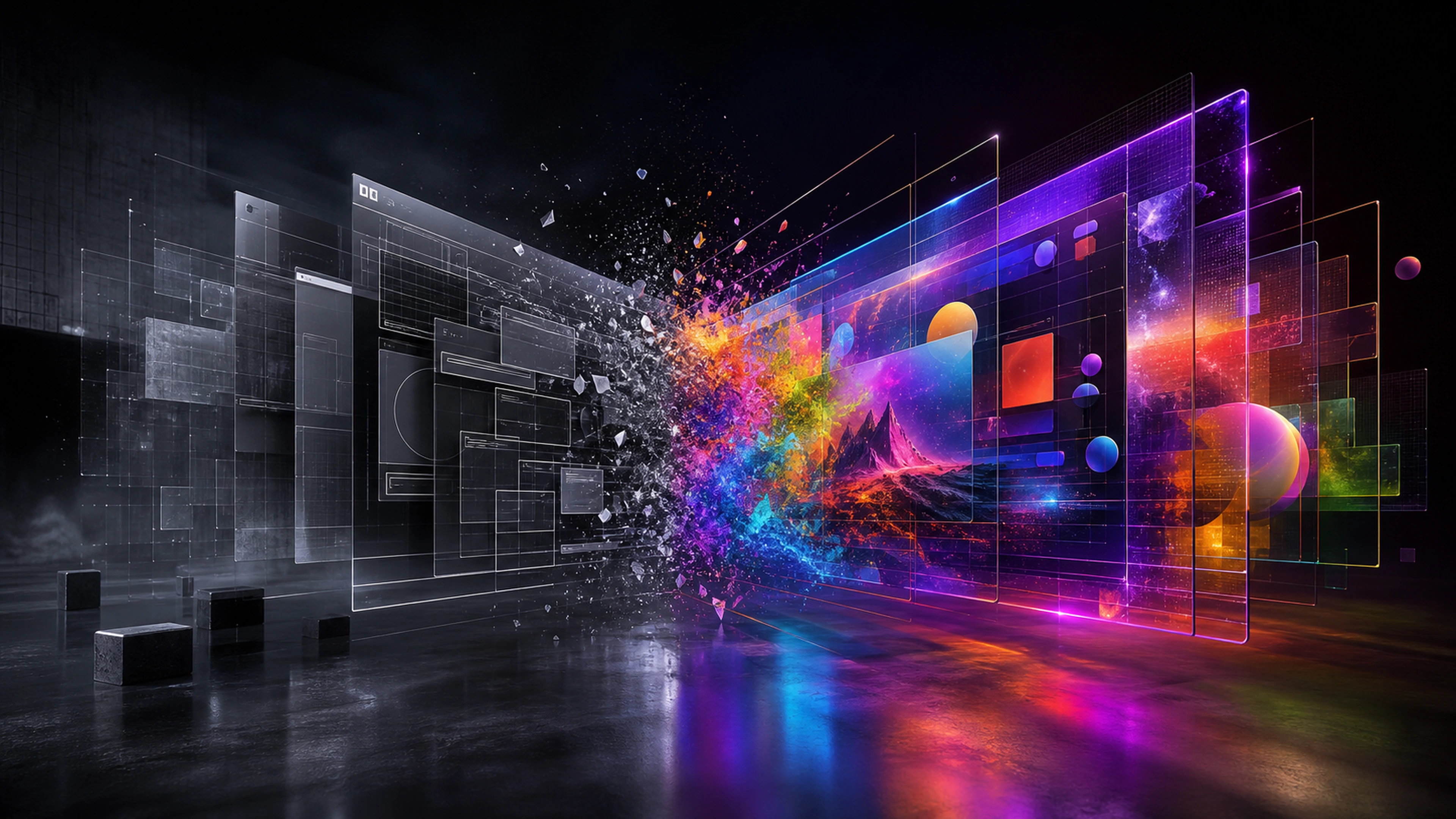 Abstract monochrome website layers transforming into a vivid spatial interface